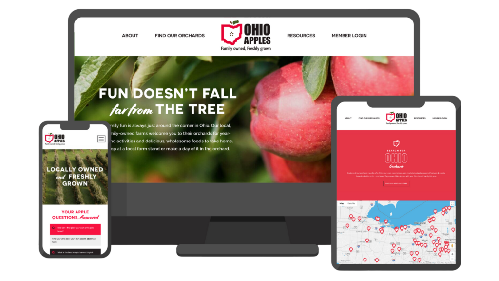 Ohio Apples Website Mockup A mockup of a Muse website across three devices: a smartphone, a computer monitor and a tablet.