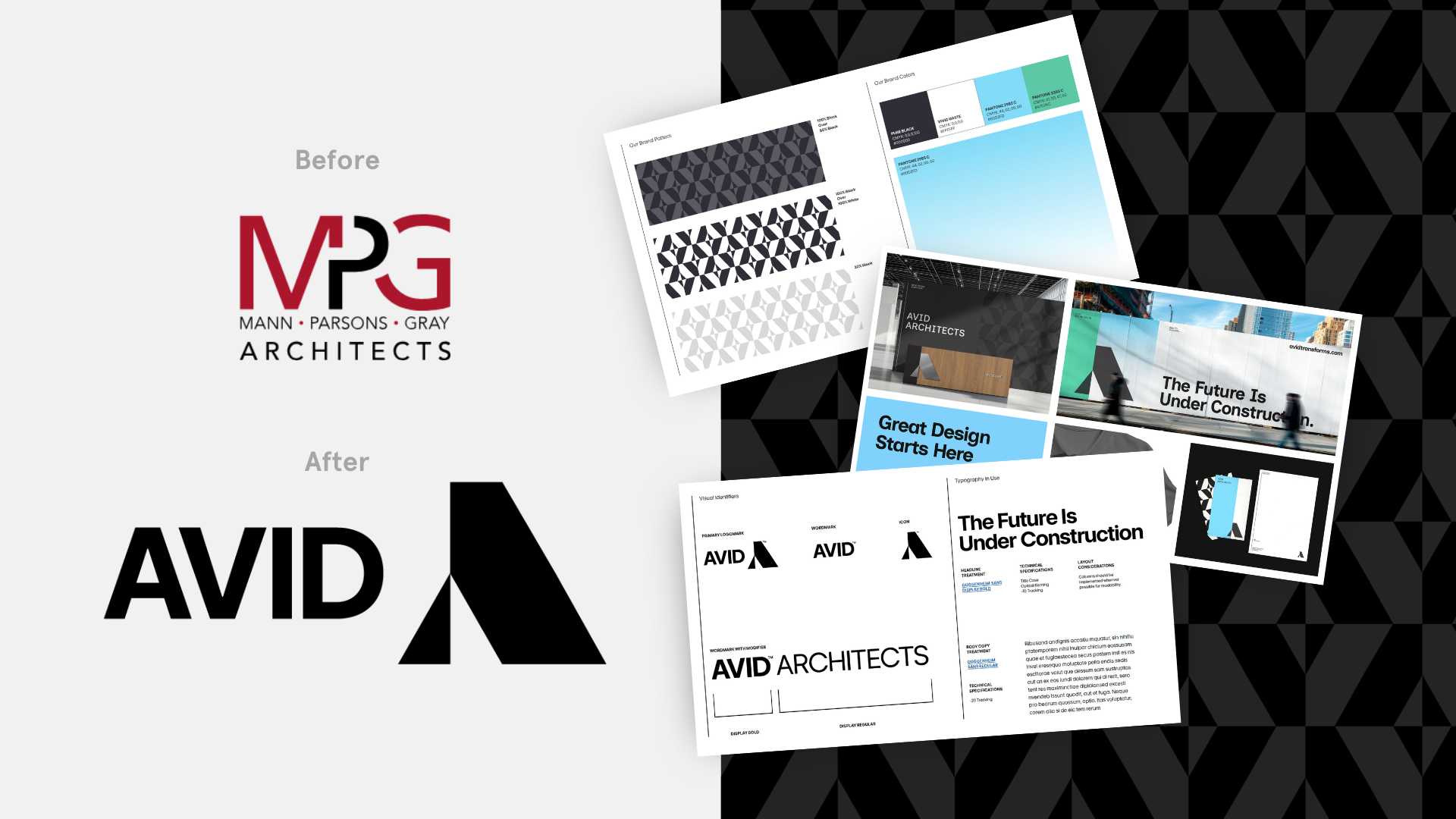 a creative spread showing the MPG to AVID rebrand for an architecture firm