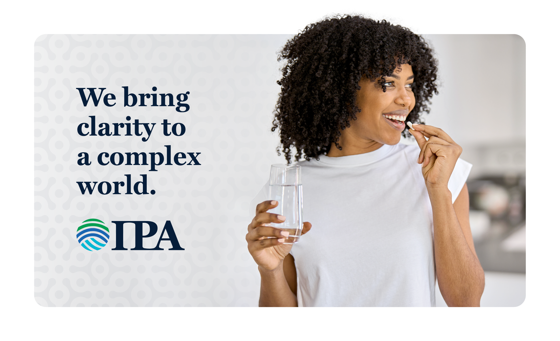 A cutout photo of a woman smiling and taking a supplement pill overtop of a light grey background.