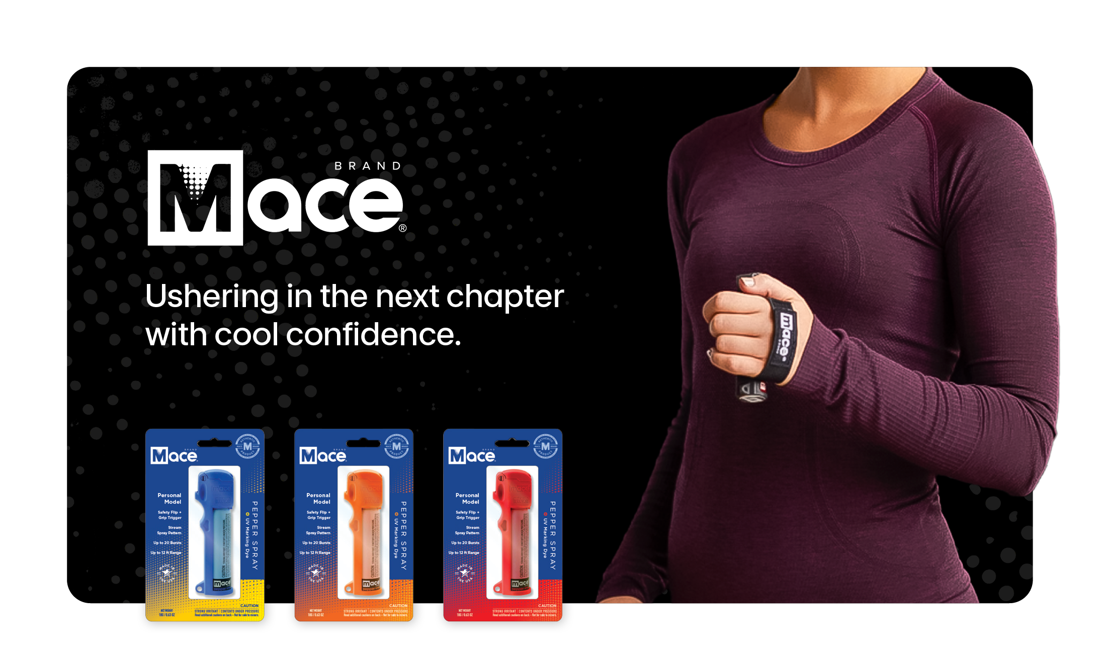 A black background with three Mace pepper spray products next to a woman holding a pepper spray canister in her hand.